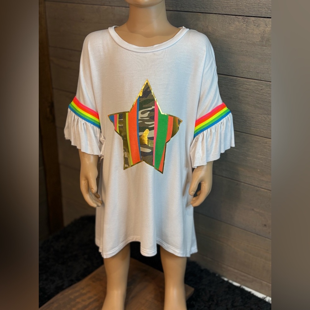Kidpik Girls White Tee Rainbow Stripes Camo Star Ruffle Sleeves Size 10